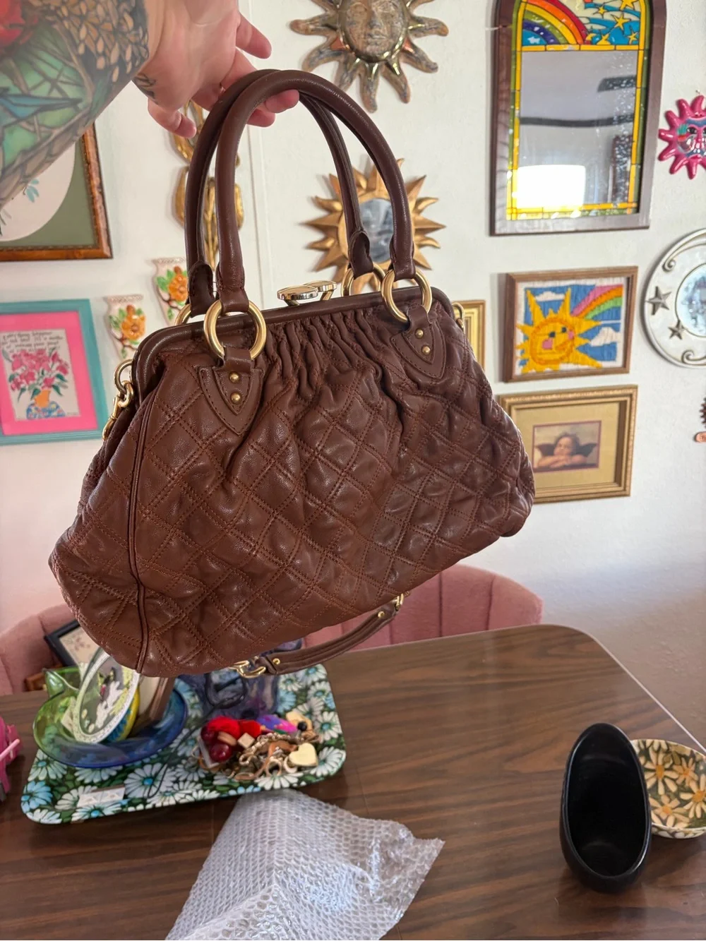 Marc Jacobs Stam Purse Satchel Frame Handbag Brown Quilted Leather Chain Strap